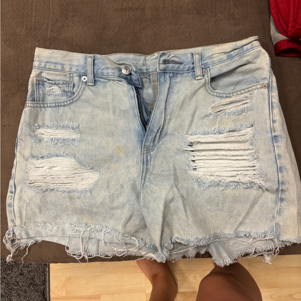 Distressed Light Blue Denim Mom Shorts